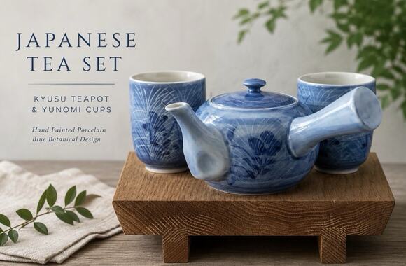kyusu Other - Vtg Japanese Kyusu Tea Set Blue hand painted Botanical Prcln Yokode Teapot Cups